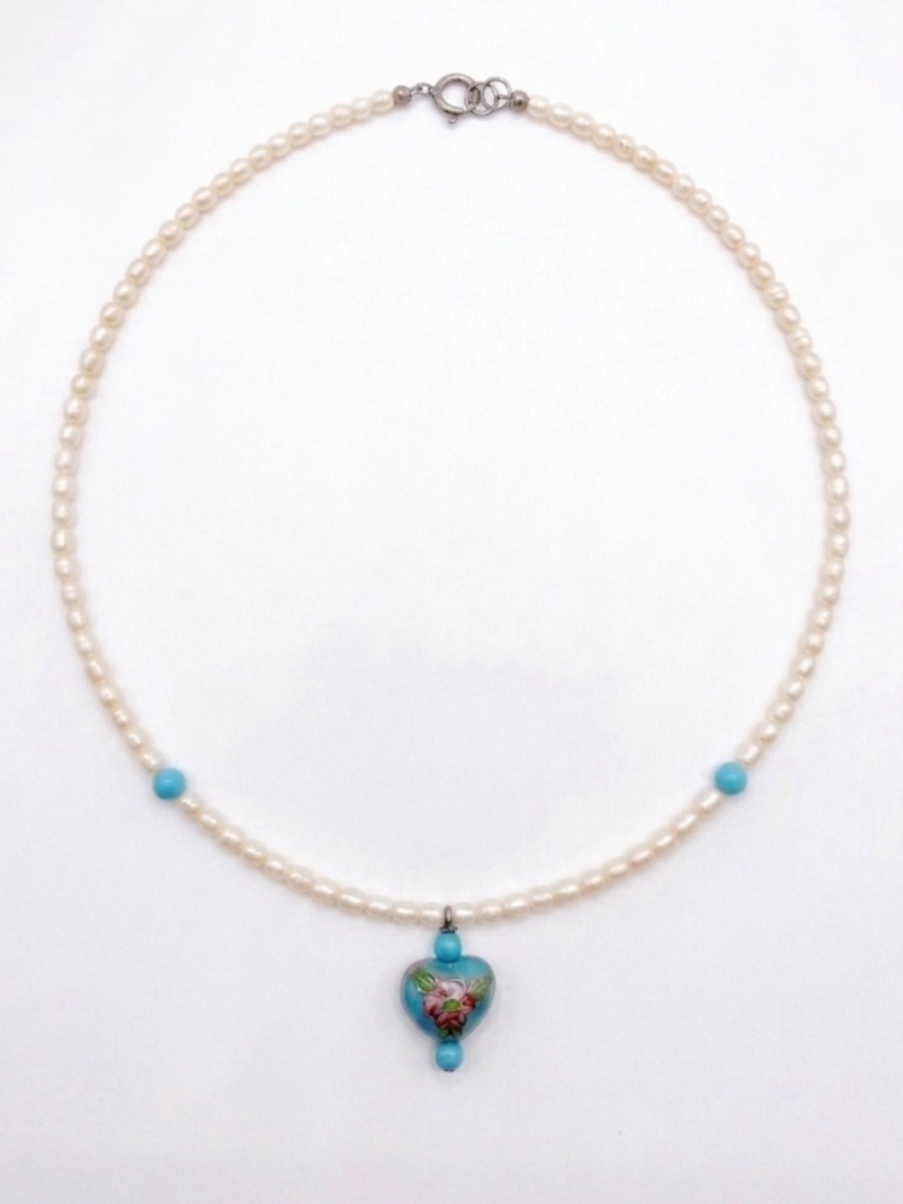 90s Vintage Freshwater Rice Pearl Necklace with Turquoise Beads Floral Cloisonné